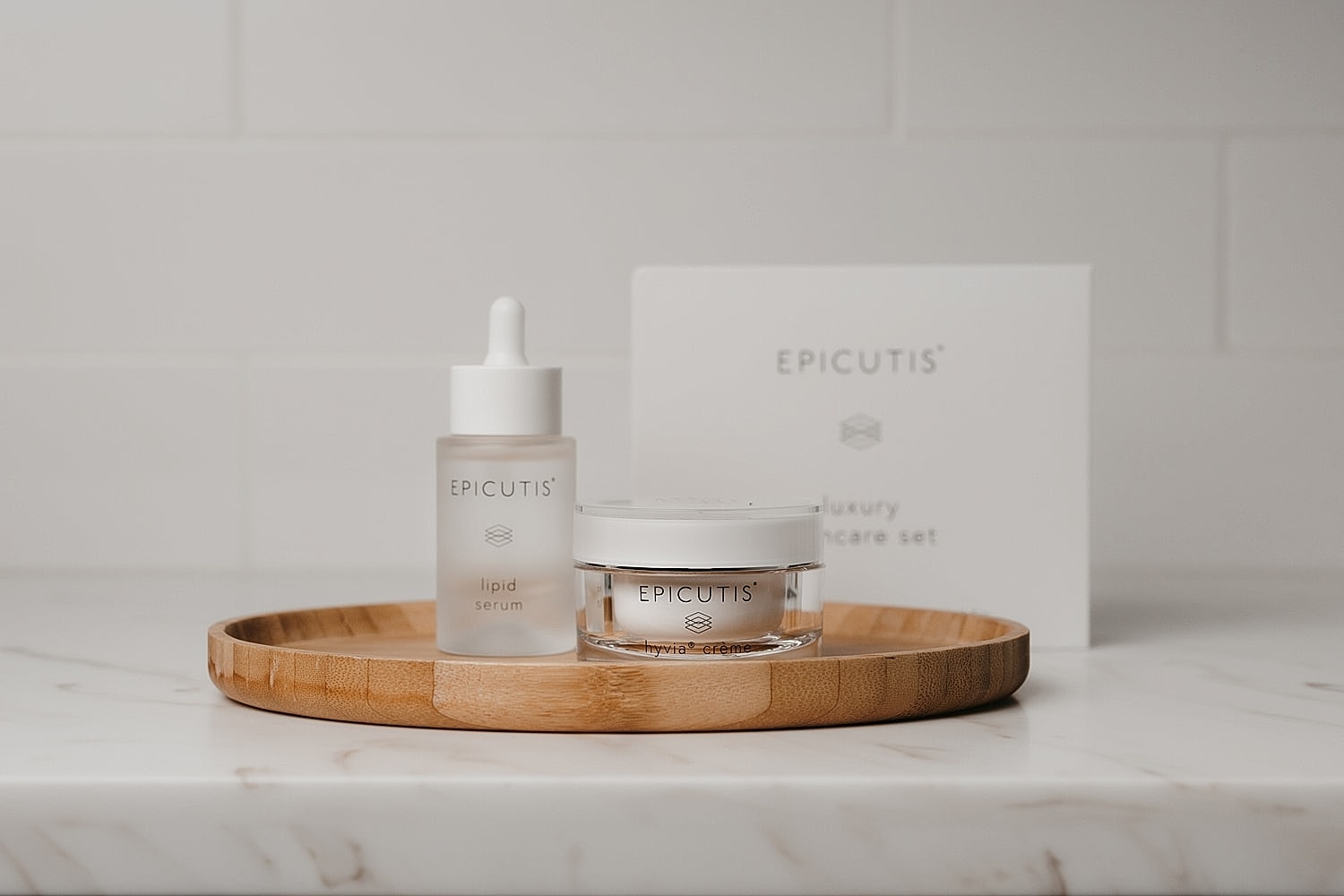 Epicutis luxury skincare set on wooden tray